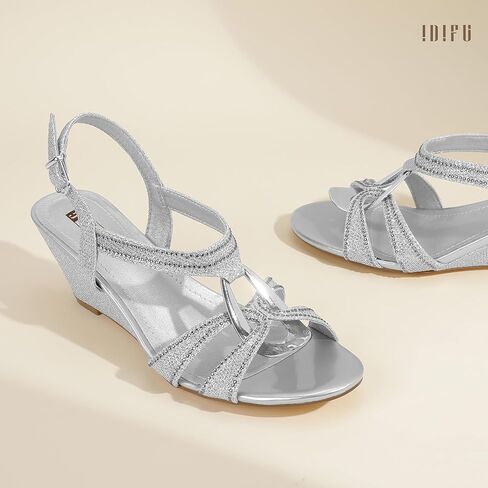 Idifu in2 Wedge Sandals Rhinestone الكعوب الإسفين اللامعة مع خاتم عقلي مريح زفاف أعناق الزفاف الزفاف العروس الحفلات أحذية للنساء منخفضة الكعب الأزياء in Kuwait
