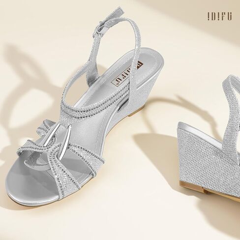 Idifu in2 Wedge Sandals Rhinestone الكعوب الإسفين اللامعة مع خاتم عقلي مريح زفاف أعناق الزفاف الزفاف العروس الحفلات أحذية للنساء منخفضة الكعب الأزياء in Kuwait
