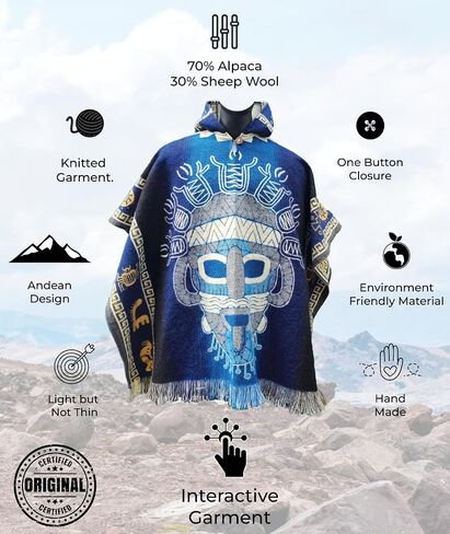 Alpaca Poncho, Cloak With Hood Men Ponchos Adult Poncho Men Ponchos for Women Fair Trade Ponchos Interactive Garment Artisan Crafted Poncho (Black - Dark Yellow Illapa) in Saudi Arabia