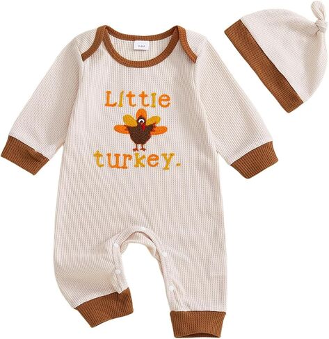 Newborn Baby Boy Thanksgiving Outfit Little Turkey Embroidery Romper Waffle Knit Long Sleeve Jumpsuit Bodysuit Hat Set in Saudi Arabia