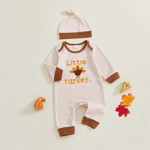 Newborn Baby Boy Thanksgiving Outfit Little Turkey Embroidery Romper Waffle Knit Long Sleeve Jumpsuit Bodysuit Hat Set in Saudi Arabia