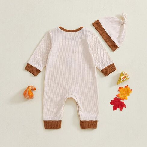 Newborn Baby Boy Thanksgiving Outfit Little Turkey Embroidery Romper Waffle Knit Long Sleeve Jumpsuit Bodysuit Hat Set in Saudi Arabia