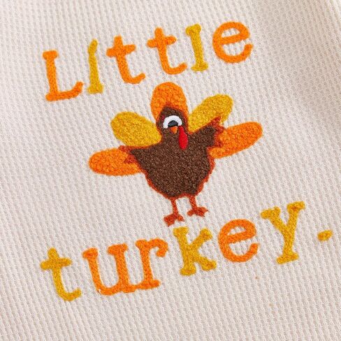 Newborn Baby Boy Thanksgiving Outfit Little Turkey Embroidery Romper Waffle Knit Long Sleeve Jumpsuit Bodysuit Hat Set in Saudi Arabia