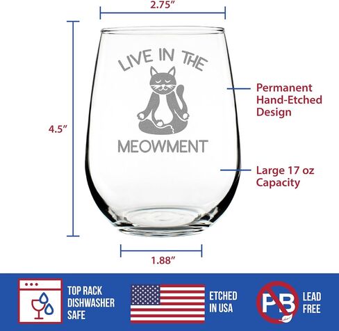 Live In The Meowment - كأس نبيذ بدون جذع - هدايا مضحكة للقطط وديكور بطابع التأمل - أكواب كبيرة بوزن 17 أونصة in Kuwait