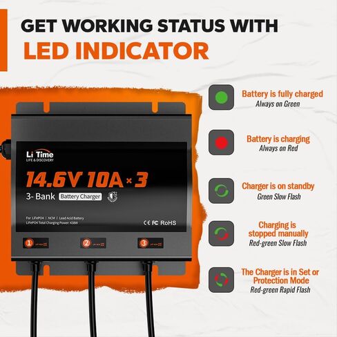 LiTime 2-Bank 10A (10A/Bank) Dual Smart Battery Charger, 14.6V LiFePO4 Battery Charger AC-DC Charger with Fuse, LED Indicator for RV, Boat, Motorcycle, Lawn Mower, Trolling motor and Lead Acid Battery in Saudi Arabia