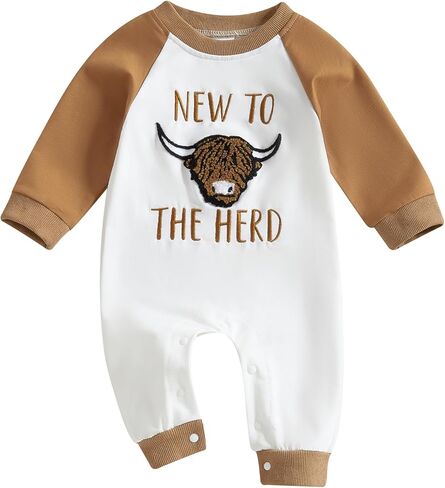 Baby Boy Western Outfit New to the Herd Bull Embroidery Long Sleeve Romper Infant Jumpsuit Newborn Fall Winter Clothes in Saudi Arabia