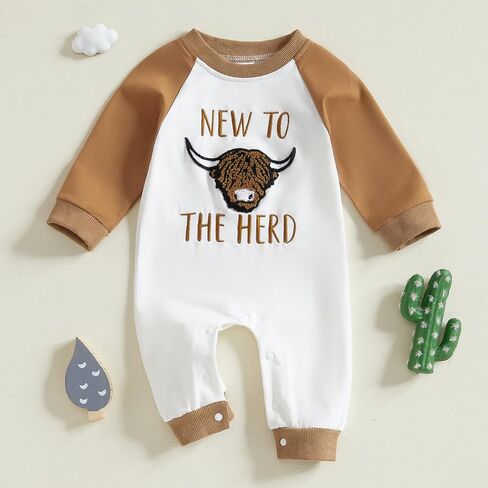 Baby Boy Western Outfit New to the Herd Bull Embroidery Long Sleeve Romper Infant Jumpsuit Newborn Fall Winter Clothes in Saudi Arabia