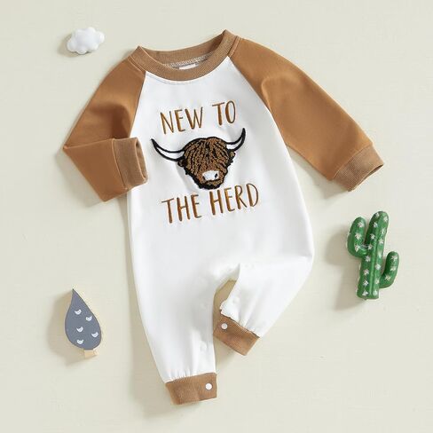 Baby Boy Western Outfit New to the Herd Bull Embroidery Long Sleeve Romper Infant Jumpsuit Newborn Fall Winter Clothes in Saudi Arabia
