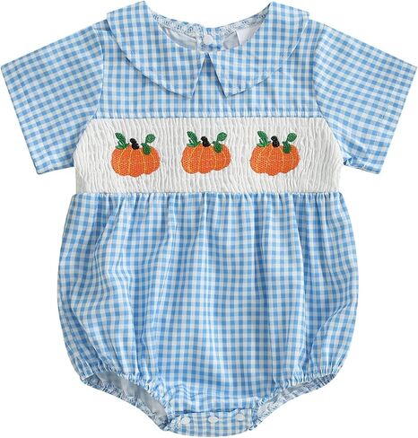 Infant Boy Smocked Pumpkin Romper Embroidery Babydoll Collar Short Sleeve Gingham Bodysuit Baby Halloween Clothes in Kuwait