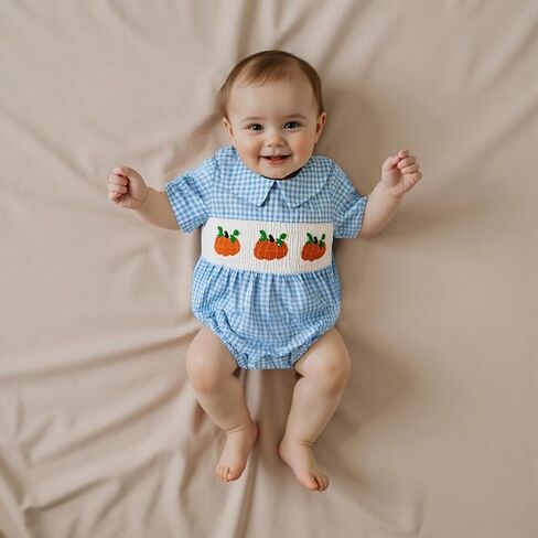 Infant Boy Smocked Pumpkin Romper Embroidery Babydoll Collar Short Sleeve Gingham Bodysuit Baby Halloween Clothes in Kuwait