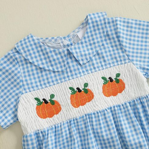 Infant Boy Smocked Pumpkin Romper Embroidery Babydoll Collar Short Sleeve Gingham Bodysuit Baby Halloween Clothes in Kuwait
