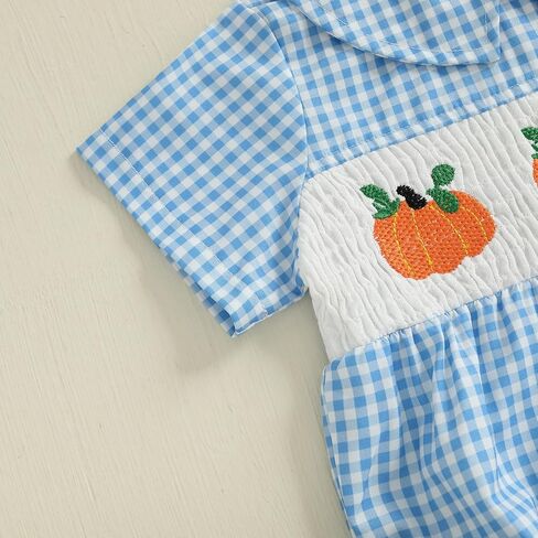 Infant Boy Smocked Pumpkin Romper Embroidery Babydoll Collar Short Sleeve Gingham Bodysuit Baby Halloween Clothes in Kuwait