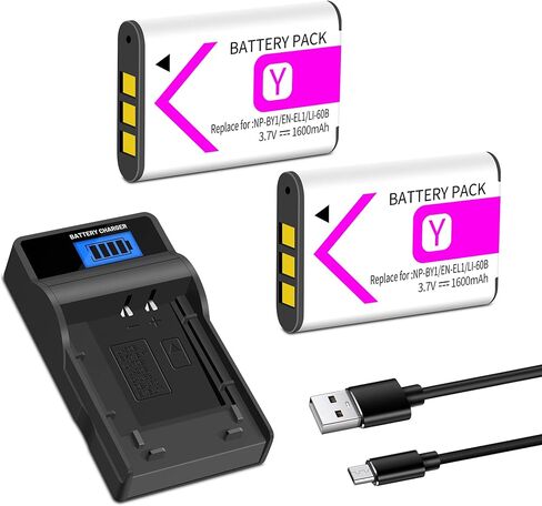 NP-BY1 Battery 2-Pack with Charger Compatible for Sony NP BY1 EN-EL11 Li-60B DLi-78 DB-L70 DB-80, for Sony Action Cam Mini HDR-AZ1 Nikon Coolpix S550 S560 Olympus FE-370 L50 M50 M60 S1 V20 W60 W80 in Saudi Arabia