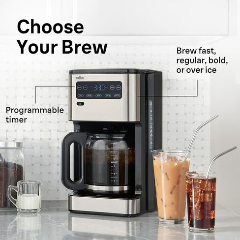 ماكينة صنع القهوة Braun PureFlavor 14 كوب قابلة للبرمجة مع FlavourCarafe، ساخن/مثلج | مؤقت قابل للبرمجة لمدة 24 ساعة، لوحة تسخين، 4 خيارات تخمير - سريع، عادي، جريء، أو فوق الثلج، تقنية FastBrew in Kuwait