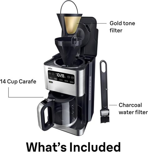 ماكينة صنع القهوة Braun PureFlavor 14 كوب قابلة للبرمجة مع FlavourCarafe، ساخن/مثلج | مؤقت قابل للبرمجة لمدة 24 ساعة، لوحة تسخين، 4 خيارات تخمير - سريع، عادي، جريء، أو فوق الثلج، تقنية FastBrew in Kuwait
