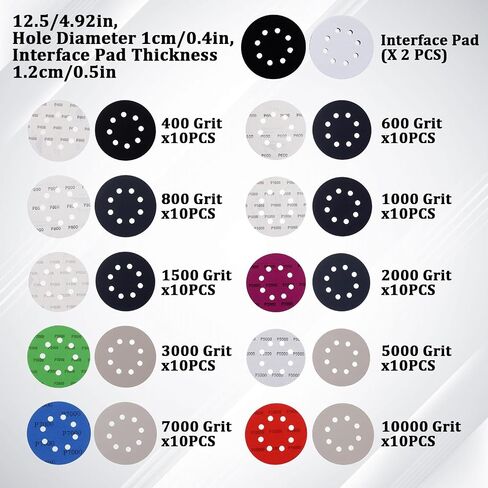 cobee 100 Pcs 5 Inch Hook & Loop Sanding Discs, Wet Dry Sandpaper 400/600/800/1000/1500/2000/3000/5000/7000/10000 Grit with 2 Interface Pads Orbital Sander Discs for Wood Metal Polishing in Saudi Arabia