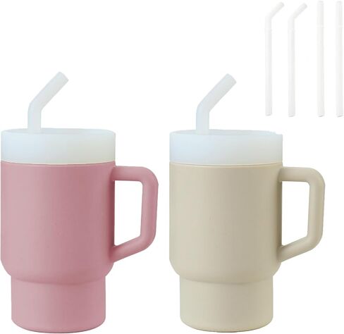 PANDAEAR ​​2 Pack Kids Kids Tumbler Silicone Toddler Cup with Straw and Handle ، Cup 9.5 oz مقاومة للانسكاب للطفل ، خالي in Kuwait