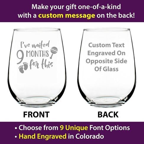 Waited 9 Months For This - Funny New Mom Stemless Wine Glass - Gift Glasses for Expectant Moms and Post Pregnancy Gifts - Large 17 Ounce in Kuwait