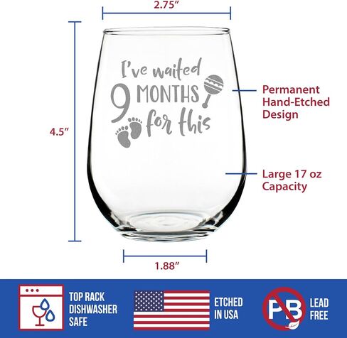 Waited 9 Months For This - Funny New Mom Stemless Wine Glass - Gift Glasses for Expectant Moms and Post Pregnancy Gifts - Large 17 Ounce in Kuwait