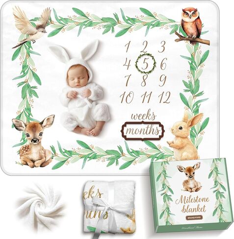 Baby Milestone Blanket Woodland, Soft Flannel, Gender Neutral, 40"x50", Includes 2 Custom Shaped Markers, White Ribbon and Decorative Box, Giftable for Newborns, For Boys and Girls in Saudi Arabia