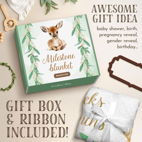 Baby Milestone Blanket Woodland, Soft Flannel, Gender Neutral, 40"x50", Includes 2 Custom Shaped Markers, White Ribbon and Decorative Box, Giftable for Newborns, For Boys and Girls in Saudi Arabia