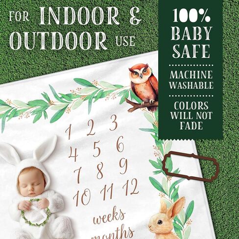 Baby Milestone Blanket Woodland, Soft Flannel, Gender Neutral, 40"x50", Includes 2 Custom Shaped Markers, White Ribbon and Decorative Box, Giftable for Newborns, For Boys and Girls in Saudi Arabia