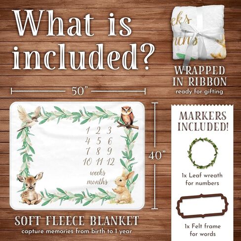 Baby Milestone Blanket Woodland, Soft Flannel, Gender Neutral, 40"x50", Includes 2 Custom Shaped Markers, White Ribbon and Decorative Box, Giftable for Newborns, For Boys and Girls in Saudi Arabia