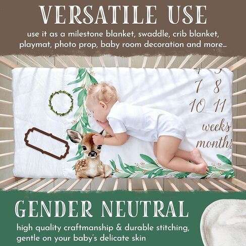 Baby Milestone Blanket Woodland, Soft Flannel, Gender Neutral, 40"x50", Includes 2 Custom Shaped Markers, White Ribbon and Decorative Box, Giftable for Newborns, For Boys and Girls in Saudi Arabia