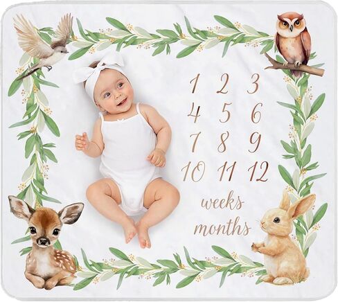 Baby Milestone Blanket Woodland, Soft Flannel, Gender Neutral, 40"x50", Includes 2 Custom Shaped Markers, White Ribbon and Decorative Box, Giftable for Newborns, For Boys and Girls in Saudi Arabia
