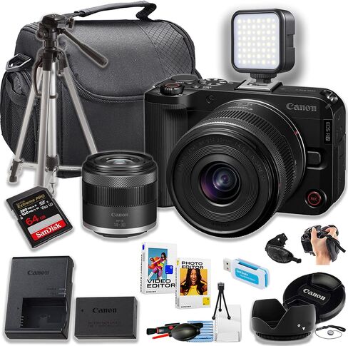 Canon EOS R50V Mirrorless Camera w/14-30mm Lens + 64GB Extreme Pro Memory Card + 50 Inch Tripod + LED Light + Camera Case + More (16pc Bundle) (Renewed) in Saudi Arabia