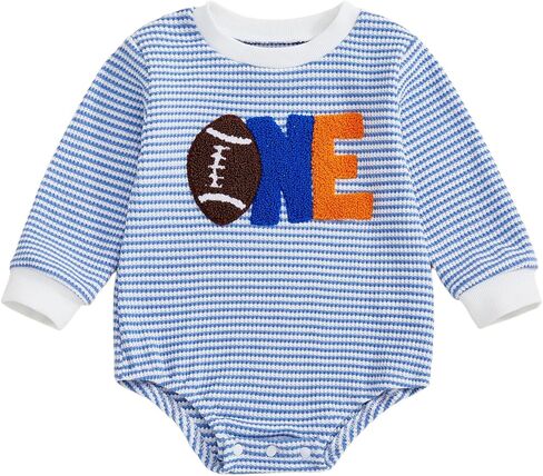 Baby Boy Girl 1st Birthday Outfit Football ONE Striped Print Waffle Romper Long Sleeve Fall Jumpsuit Onesie in Kuwait