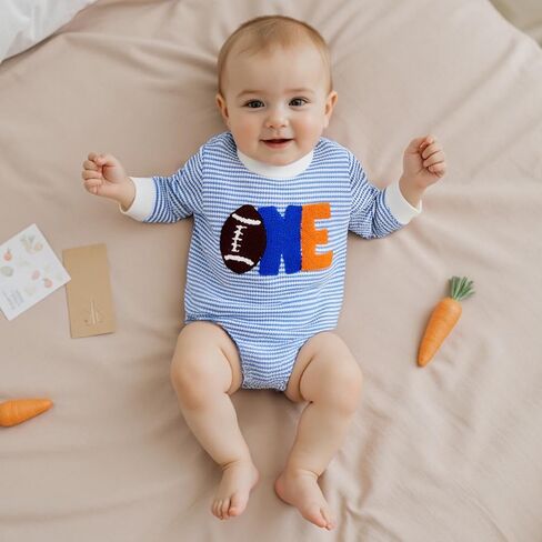 Baby Boy Girl 1st Birthday Outfit Football ONE Striped Print Waffle Romper Long Sleeve Fall Jumpsuit Onesie in Kuwait