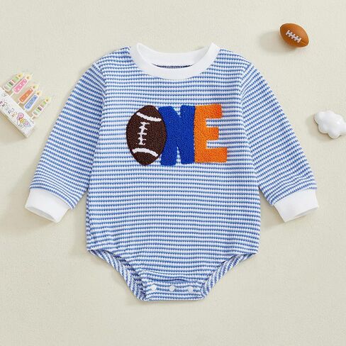 Baby Boy Girl 1st Birthday Outfit Football ONE Striped Print Waffle Romper Long Sleeve Fall Jumpsuit Onesie in Kuwait