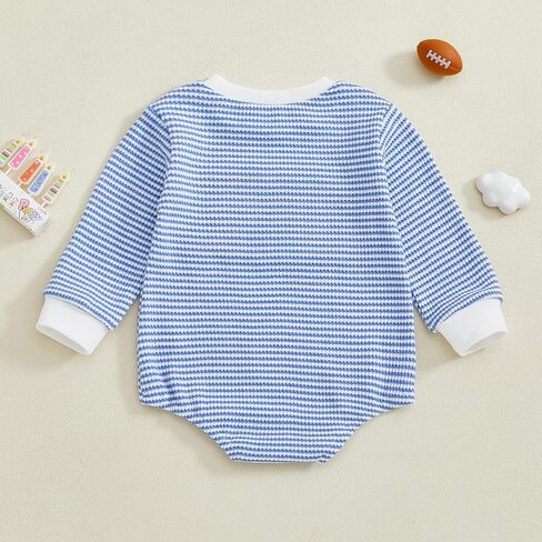 Baby Boy Girl 1st Birthday Outfit Football ONE Striped Print Waffle Romper Long Sleeve Fall Jumpsuit Onesie in Kuwait
