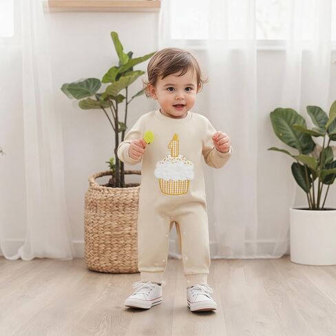 GOOCHEER First Birthday Baby Boy Outfit Fall 1 Cake Embroidery Ruffle Long Sleeve Romper Jumpsuit Cake Smash Clothes in Saudi Arabia