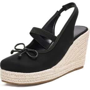 Women's Wedge Heel Canvas Sandals with Closed-Toe Design, Elastic Ankle Strap & Bow Accent, Summer Casual Dress Shoes for Comfortable Outdoor Wear in Saudi Arabia