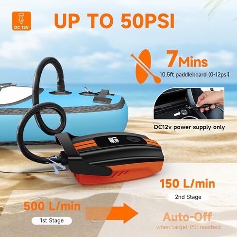 50ppsi paddle Board Pump ، مضخة SUP ذات الضغط العالي الكهربائي ، التضخم والانكماش المرحلة المزدوجة ، التوقف التلقائي ، مضخة هواء SUP المحمولة ، موصل سيارة 12 فولت للسيارات للوقوف ، بيك آب ، قوارب قوارب الكاياك in Saudi Arabia
