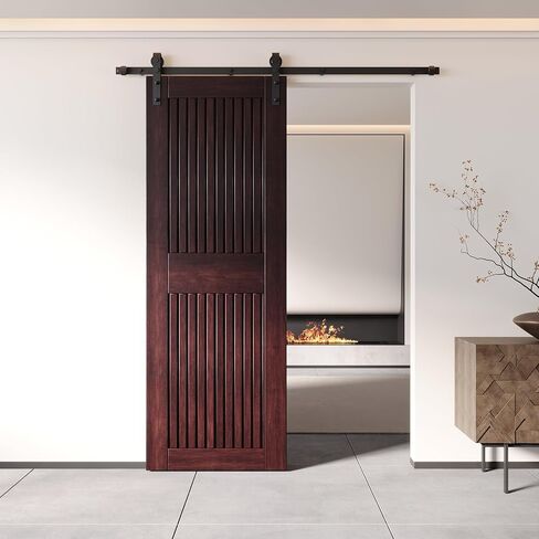 Homacer 32 in. x 84 in. Vertical Stripe Design Red Mahogany Finished & Unassembled Pine Wood Barn Door (Interior Use Only) in Saudi Arabia