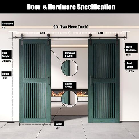 Homacer Royal Pine 48 in. x 80 in. Vertical Stripe Design Two Barn Door with Non-Bypass Installation Hardware Kit, 18ft Track, Interior use only in Saudi Arabia