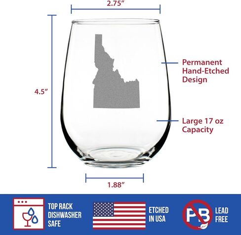 كأس نبيذ بدون جذع من Idaho State - ديكور للشرب بطابع الولاية وهدايا للنساء والرجال في Idahoan - أكواب كبيرة بوزن 17 أونصة in Kuwait