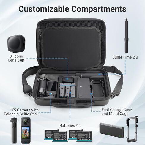 الحمل الحافلة لـ Insta360 x5 ، منظم حالة وقائي للسفر مقاوم للماء من أجل إكسسوارات Insta 360 X5 ، للتصنيع المعدني ، محور الشحن ، Bullet Time 2.0 ، عصا شخصية قابلة للطي. in Saudi Arabia