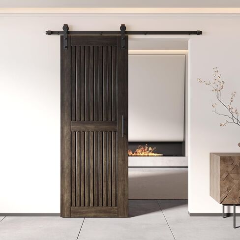 Homacer Ebony 36 in. x 80 in. Vertical Stripe Design Barn Door with Non-Bypass Installation Hardware Kit, 6.6ft Track, Interior use only in Saudi Arabia
