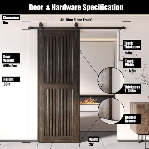 Homacer Ebony 36 in. x 80 in. Vertical Stripe Design Barn Door with Non-Bypass Installation Hardware Kit, 6.6ft Track, Interior use only in Saudi Arabia
