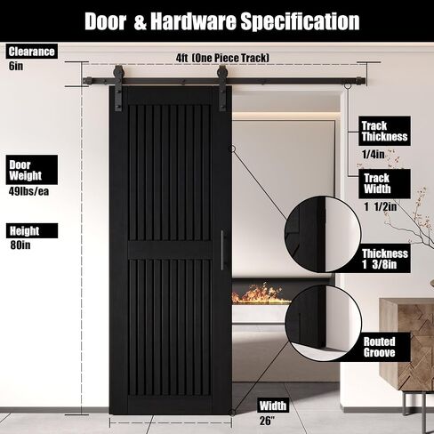 Homacer Black 48 in. x 80 in. Vertical Stripe Design Barn Door with Non-Bypass Installation Hardware Kit, 9ft Track, Interior use only in Saudi Arabia