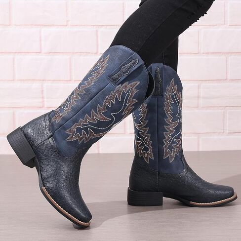 أحذية رعاة البقر الغربية للنساء منتصف العجل Cowgirl Boot Snip Toe كعب مكتنزة in Kuwait