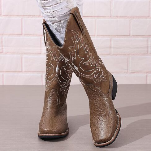 أحذية رعاة البقر الغربية للنساء منتصف العجل Cowgirl Boot Snip Toe كعب مكتنزة in Kuwait