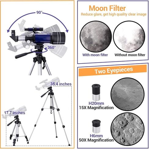 Binoculars Telescope for Kids Adults Astronomy Beginners 70Mm Aperture Refractor Telescope for Astronomy with Tripod/Phone Adapter/Wire Shutter/Moon Filter/Backpack in Saudi Arabia
