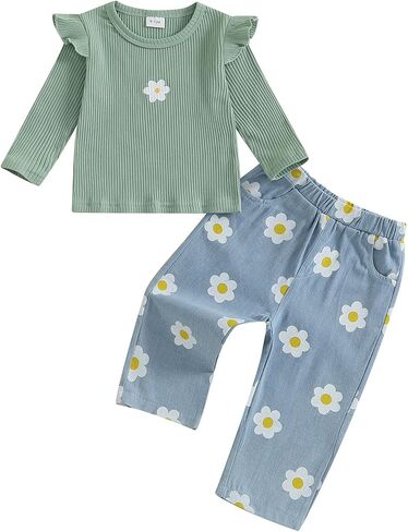 TheFound Toddler Girls Fall Outfits Floral Ruffles Long Sleeve Shirt Top Pants Baby Girl Clothes 6 12 18 24 Months 2T 3T 4T in Saudi Arabia