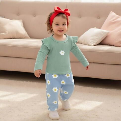 TheFound Toddler Girls Fall Outfits Floral Ruffles Long Sleeve Shirt Top Pants Baby Girl Clothes 6 12 18 24 Months 2T 3T 4T in Saudi Arabia