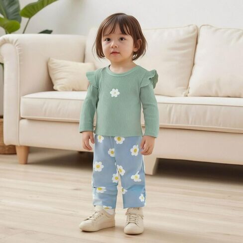 TheFound Toddler Girls Fall Outfits Floral Ruffles Long Sleeve Shirt Top Pants Baby Girl Clothes 6 12 18 24 Months 2T 3T 4T in Saudi Arabia